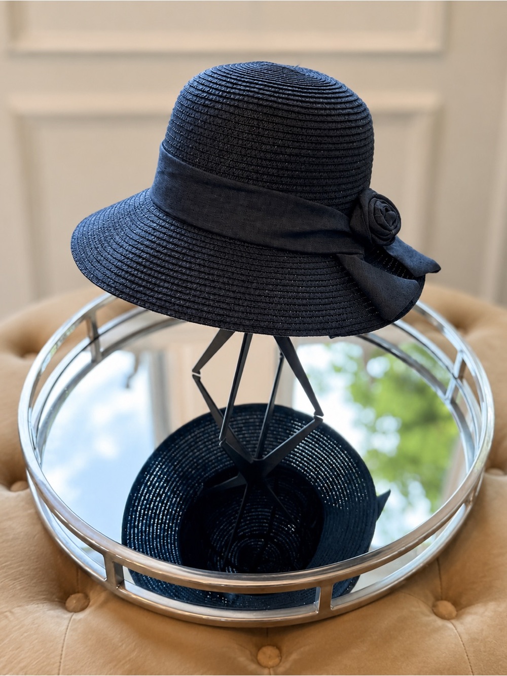 Classic Navy Women's Cloche Hat with Ribbon Rose
